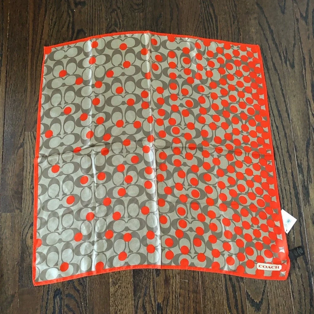 *NWT* COACH Women’s Orange/Tan Signature Logo Polka Dot 100% Silk Square Scarf